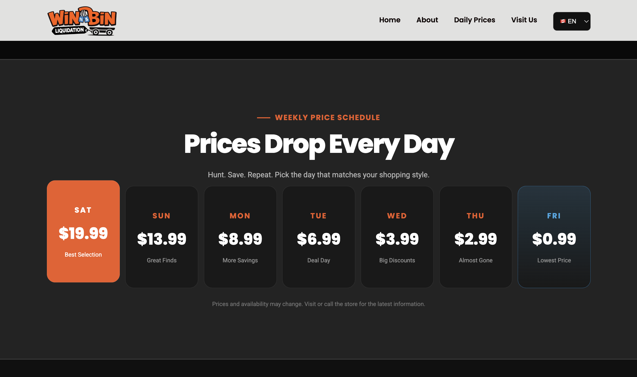 WinBin Liquidation store introduction and weekly price schedule